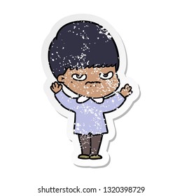 distressed sticker of a annoyed cartoon boy