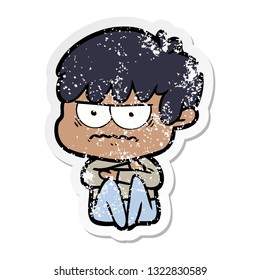distressed sticker of a annoyed cartoon boy