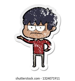 distressed sticker of a annoyed cartoon boy