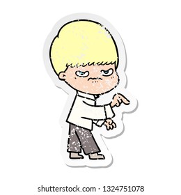 distressed sticker of a annoyed cartoon boy