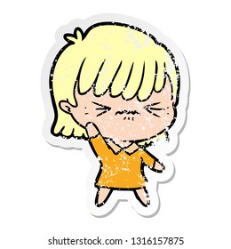 distressed sticker of a annoyed cartoon girl