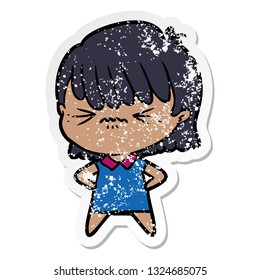 distressed sticker of a annoyed cartoon girl