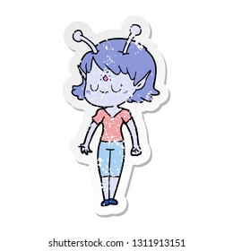 distressed sticker of a cartoon alien girl
