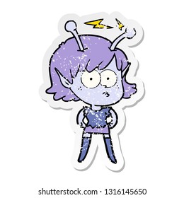 distressed sticker of a cartoon alien girl