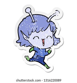 distressed sticker of a cartoon alien girl laughing