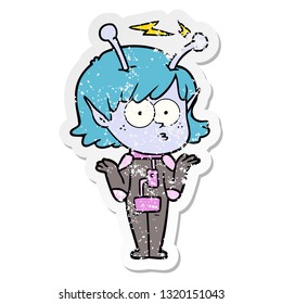 distressed sticker of a cartoon alien girl