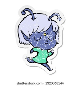 distressed sticker of a cartoon alien girl