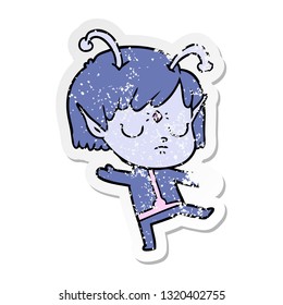 distressed sticker of a cartoon alien girl