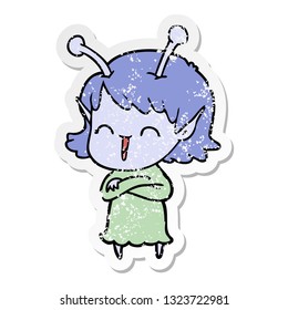 distressed sticker of a cartoon alien girl laughing