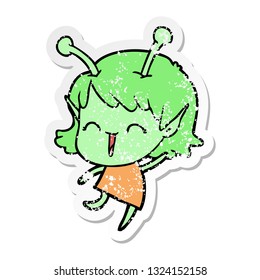 distressed sticker of a cartoon alien girl laughing
