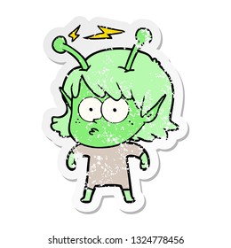 distressed sticker of a cartoon alien girl