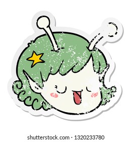 pegatina angustiada de una caricatura de una chica alienígena del espacio cara