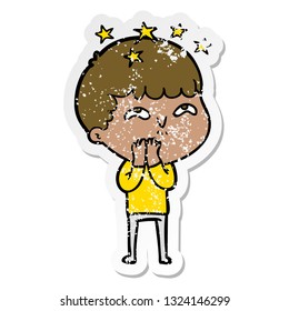 distressed sticker of a cartoon amazed boy
