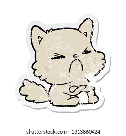 distressed sticker of a cartoon angry cat