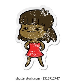 distressed sticker of a cartoon angry girl