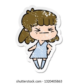 distressed sticker of a cartoon angry girl