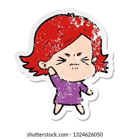 distressed sticker of a cartoon angry girl