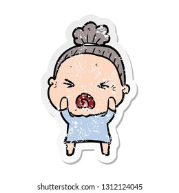 distressed sticker of a cartoon angry old woman