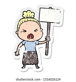 distressed sticker of a cartoon angry old woman