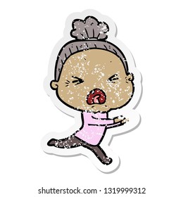 distressed sticker of a cartoon angry old woman