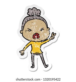 distressed sticker of a cartoon angry old woman