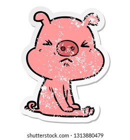 distressed sticker of a cartoon angry pig sat waiting