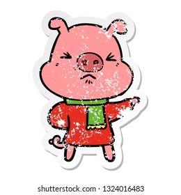 distressed sticker of a cartoon angry pig