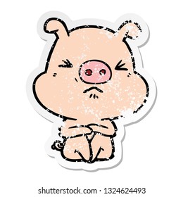 distressed sticker of a cartoon angry pig sat waiting