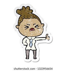 distressed sticker of a cartoon angry woman
