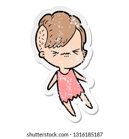 distressed sticker of a cartoon annoyed hipster girl