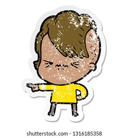 distressed sticker of a cartoon annoyed hipster girl