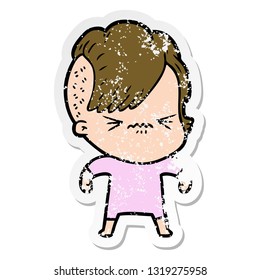 distressed sticker of a cartoon annoyed hipster girl