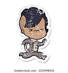 distressed sticker of a cartoon annoyed hipster girl wearing space suit