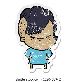 distressed sticker of a cartoon annoyed hipster girl