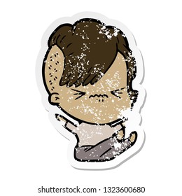 distressed sticker of a cartoon annoyed hipster girl