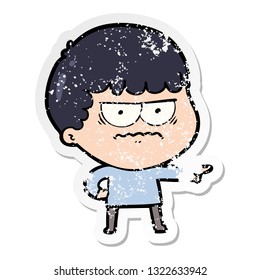distressed sticker of a cartoon annoyed man