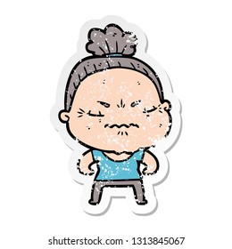 distressed sticker of a cartoon annoyed old lady