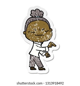 distressed sticker of a cartoon annoyed old lady