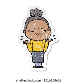distressed sticker of a cartoon annoyed old lady