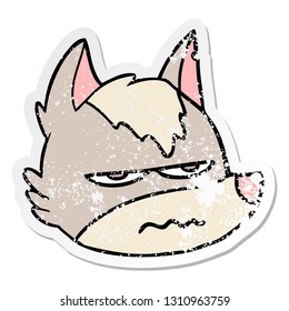distressed sticker of a cartoon annoyed wolf face