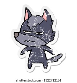 distressed sticker of a cartoon annoyed wolf