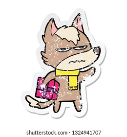 distressed sticker of a cartoon annoyed wolf