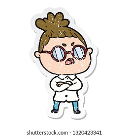 distressed sticker of a cartoon annoyed woman