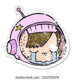 distressed sticker of a cartoon astronaut face crying