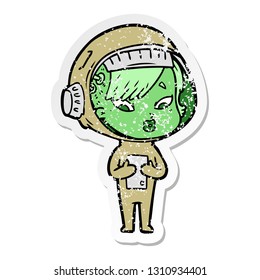 distressed sticker of a cartoon astronaut woman