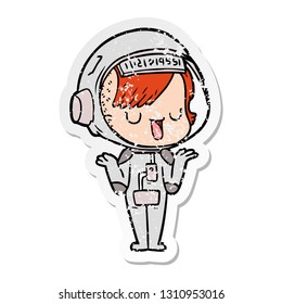 distressed sticker of a cartoon astronaut woman