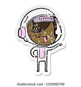 distressed sticker of a cartoon astronaut woman
