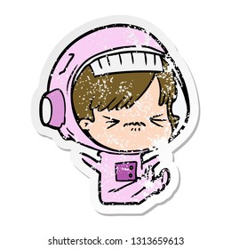 distressed sticker of a cartoon astronaut woman