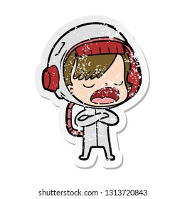 distressed sticker of a cartoon astronaut woman explaining