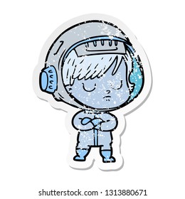 distressed sticker of a cartoon astronaut woman
